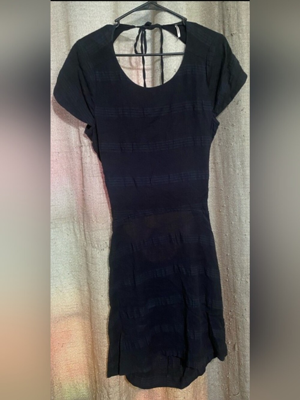 Free People SZ M Black Short-Sleeve Tie-Back Cork Wood Buttons Mini Dress